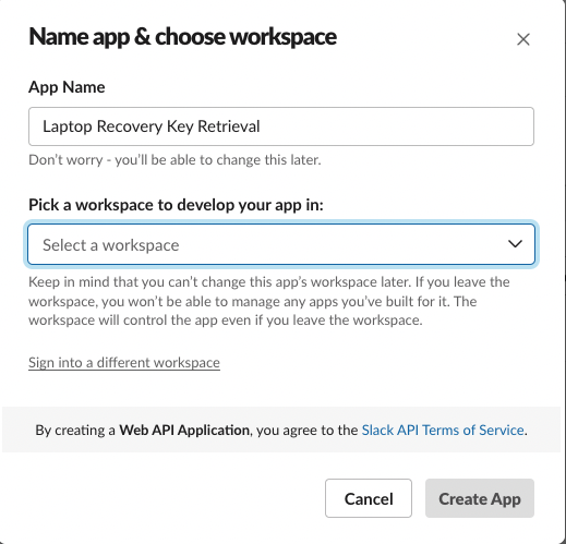 Slack App naming modal
