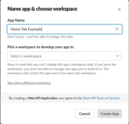 Slack App naming modal